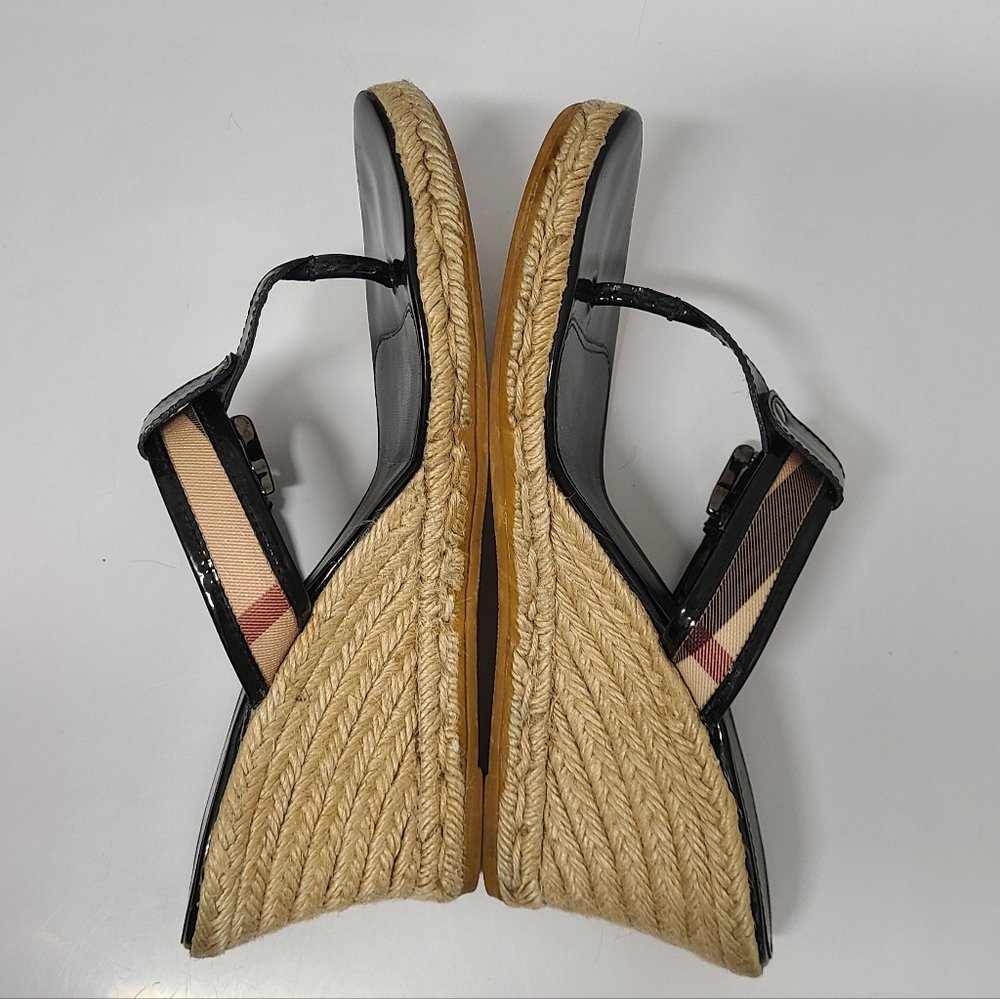 Burberry Vintage Black Patent Nova Check Wedge Thong Sandals with Box Sz 41 US 9 - Picture 10 of 16